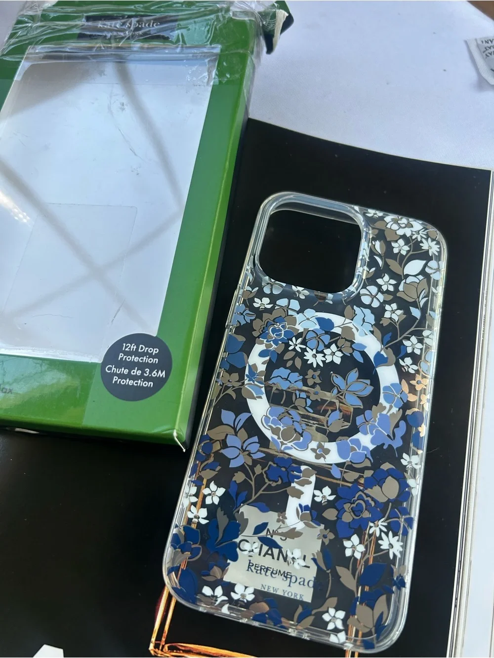 kate spade iPhone pro maxBlue Tan Floral Clear iPhone Case with PopSocket Ring